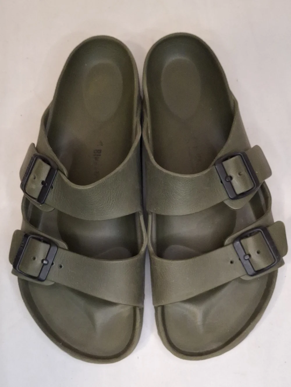 Birkenstock Arizona Essentials Mens Olive Green EVA Two-Buckle Slide Sandals.
